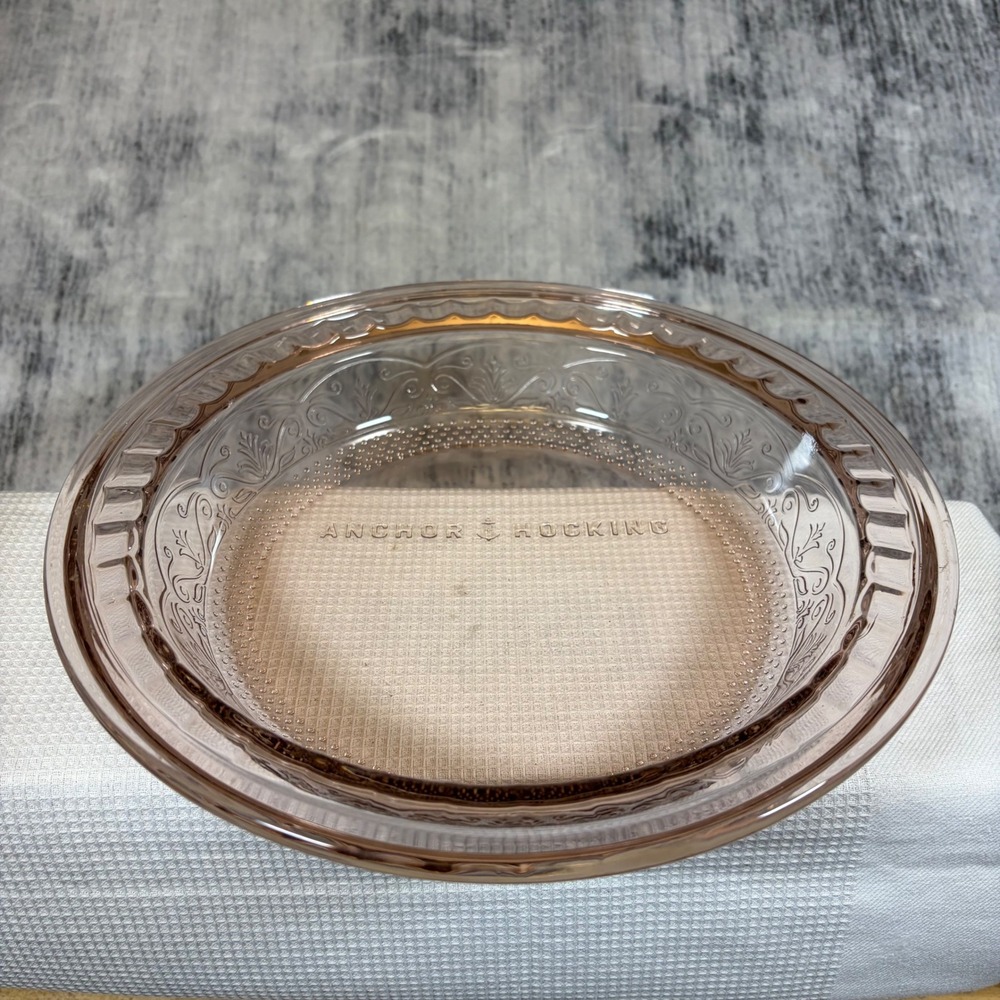 Anchor Hocking Pink Glass 9" Pie Dish Laurel Rosewater Floral hobnail Vintage